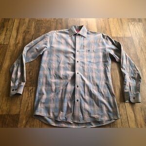 Wrangler Shirt Men Medium Advanced Comfort Plaid Long Sleeve Blue Gray *flaw